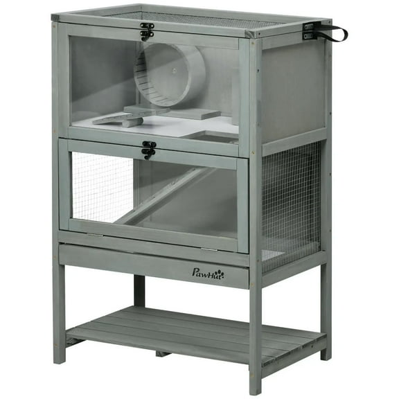 Spaco 35.5inch H Wooden Hamster Cage with Storage Shelf, Large Hamster Cage Including Seesaw, Small Animal Cage with Sliding Tray, Wide Ramp for Racing, Running Wheel, Gray