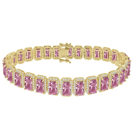 14K Yellow Gold Over Pink Tourmaline 6.00 Cwt. Simulated Diamonds Solitaire Men's Ladies Bracelet 10mm / 8.5 Inch