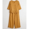 thumbnail image 4 of Amzcrzy Womens 2 Piece Outfits Summer Cotton Linen Casual V Neck Layered 3/4 Sleeve Tops for Women with Wide Leg Pants Solid Color Loose Comfy Loungewear Sets for Vaction Home Yellow XL, 4 of 7