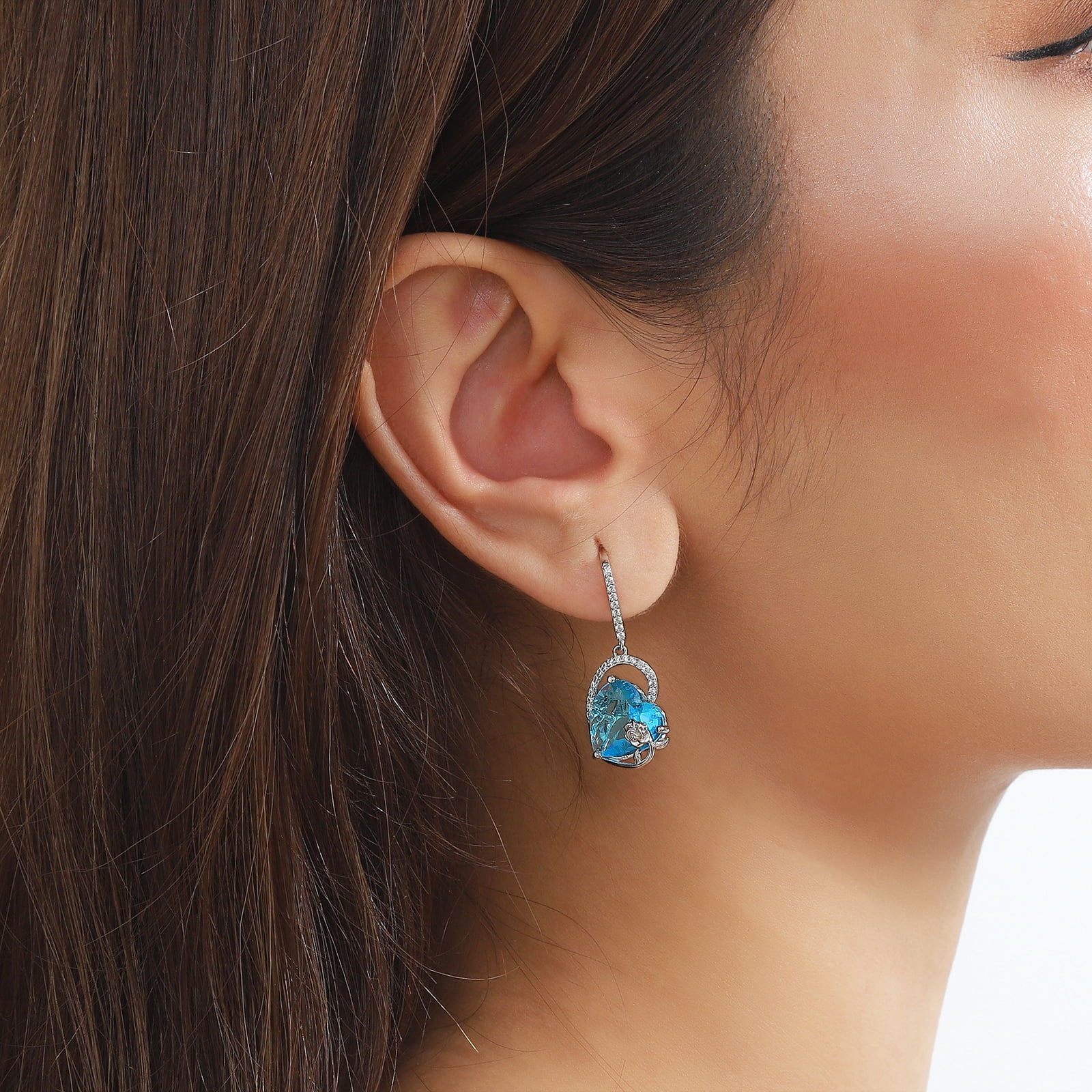 Juwaliy 925 Sterling Silver Earrings Women Heart March Birthstone Hook Dangle Earring Aquamarine Blue Rose Flower Jewelry Mother Birthday Gift