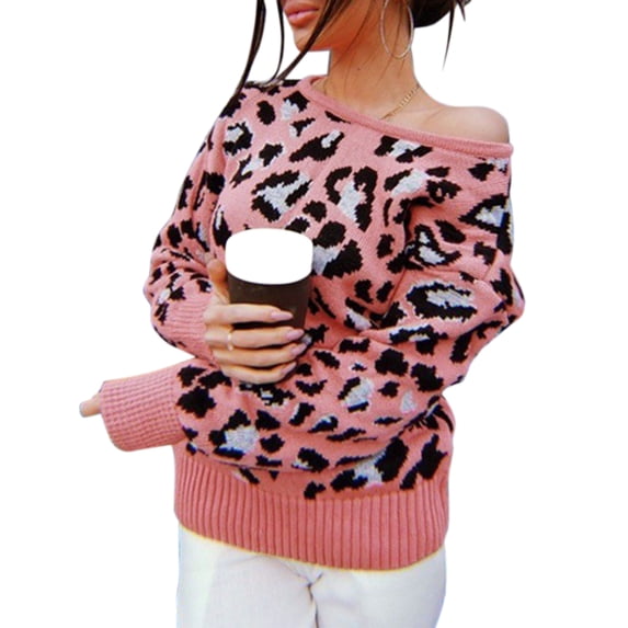 Gvmfive Women's Tied Backless Lace Up Leopard Print Sexy One Shoulder Casual Sweater