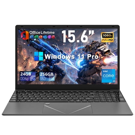 SANPTENT Laptop Computer, 15.6" Windows 11 Pro, Intel Core i3, 24GB RAM, 256GB SSD, 1080p FHD Display, Microsoft Office, for Business and Students, Backlit Keyboard