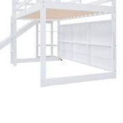 Pinovk Twin Size Wood House Loft bed with Slide, Storage shelves and Light, White