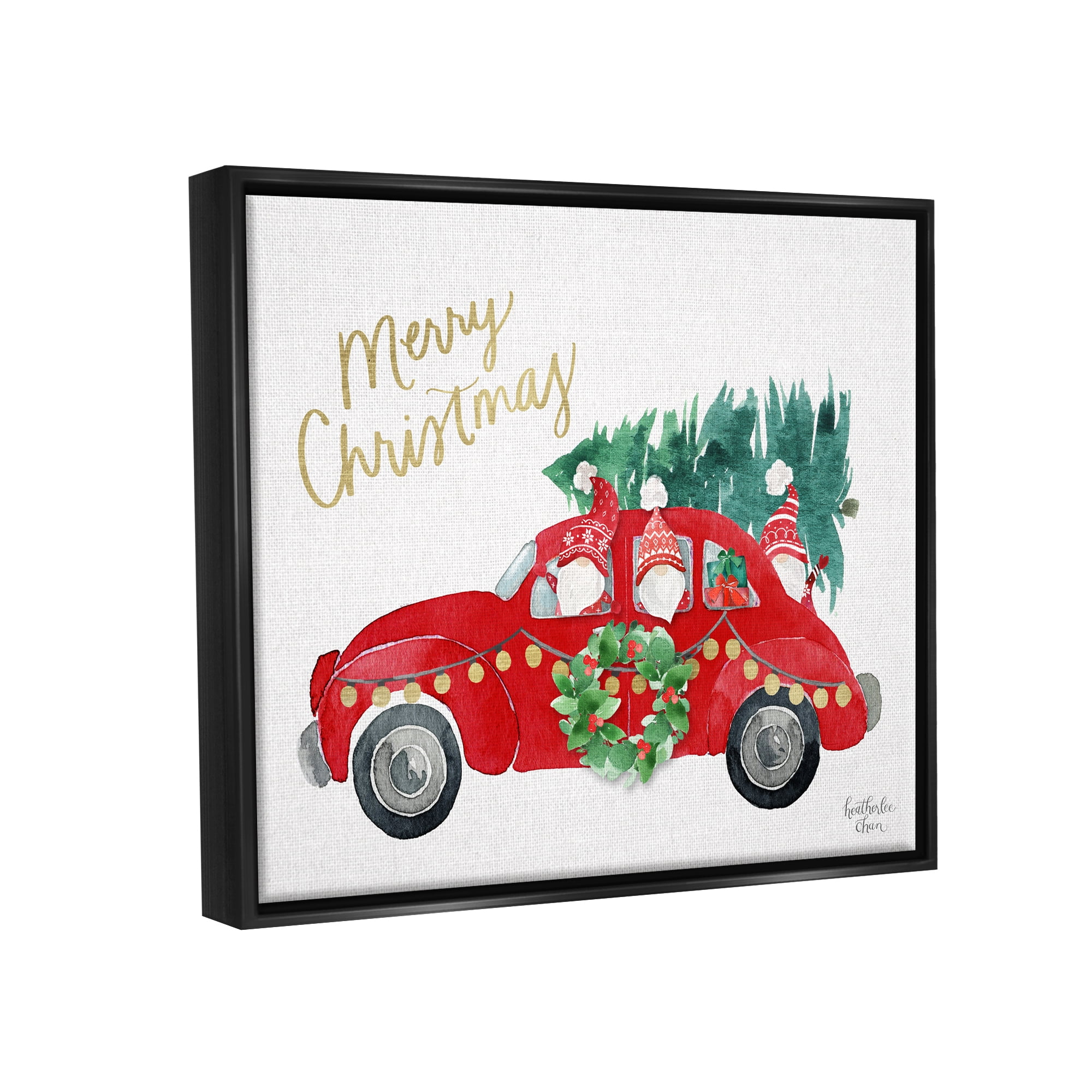 Stupell Industries Santa Gnomes Driving Christmas Car Holiday Tree Graphic Art Jet Black Floating Framed Canvas Print Wall Art, Design by Heatherlee Chan
