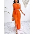 thumbnail image 4 of Coral Orange Asymmetrical One Shoulder Cutout Maxi Dress With Thigh Split And Drawstring Waist, 4 of 6