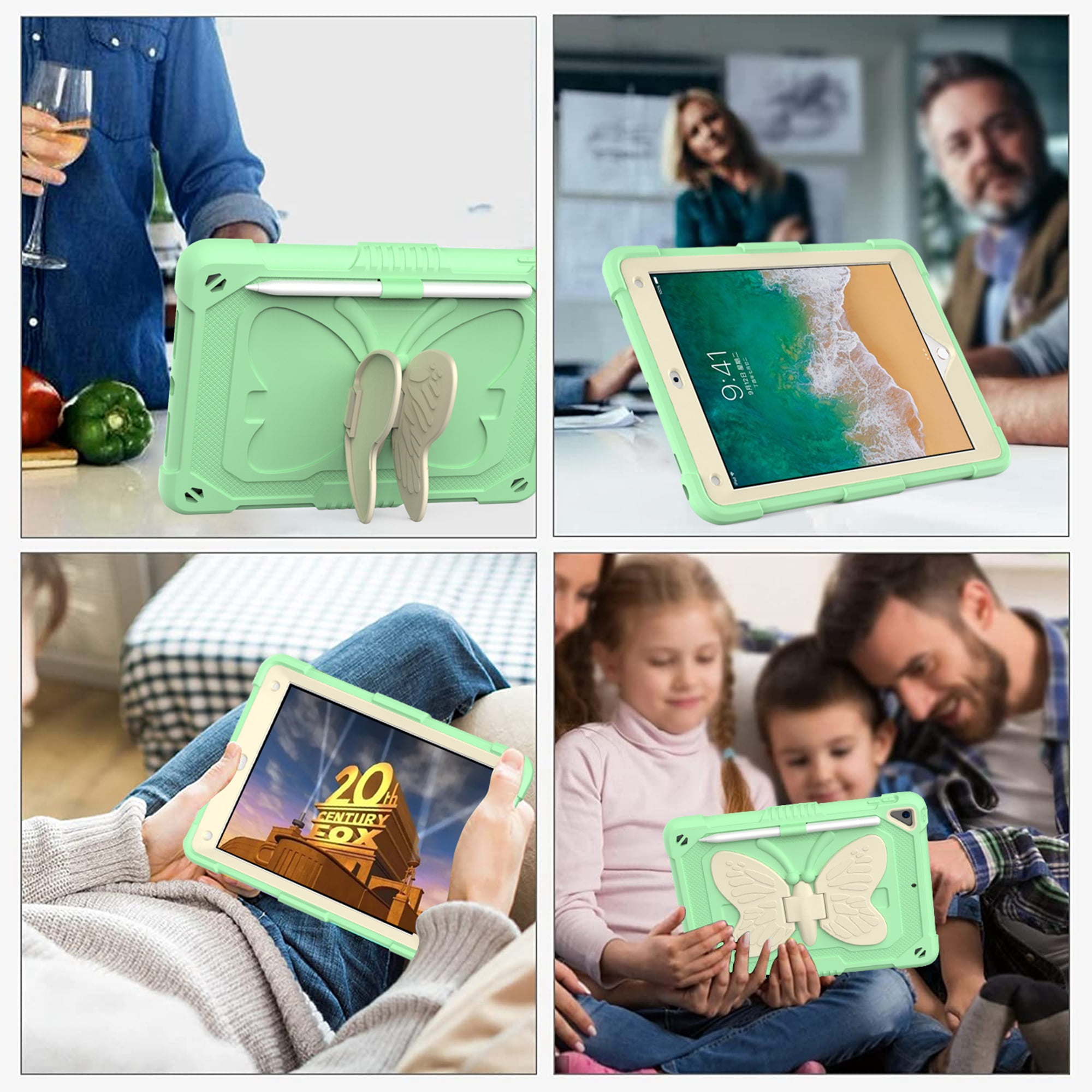 Dteck for iPad 6th 5th Generation Case with Kickstand Butterfly Wings Pencil Holder, Heavy Duty Hard Rugged Protective Cover Kids Girls for 9.7 inch iPad 6th/5th Gen/Air 2,Green + Beige