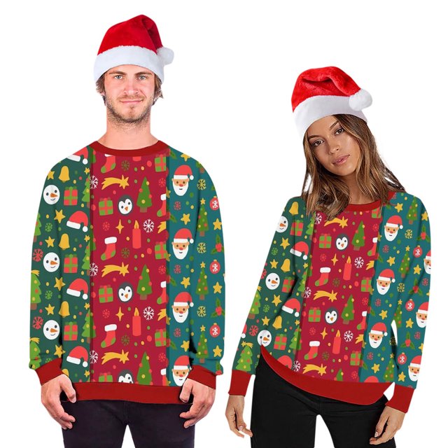 Wyzesi Chandails en Molleton de Noël pour Hommes, Chemise Décontractée pour Couple, Blouse Imprimée 3D de Noël, Col Rond, Manches Longues, Pull en Coton