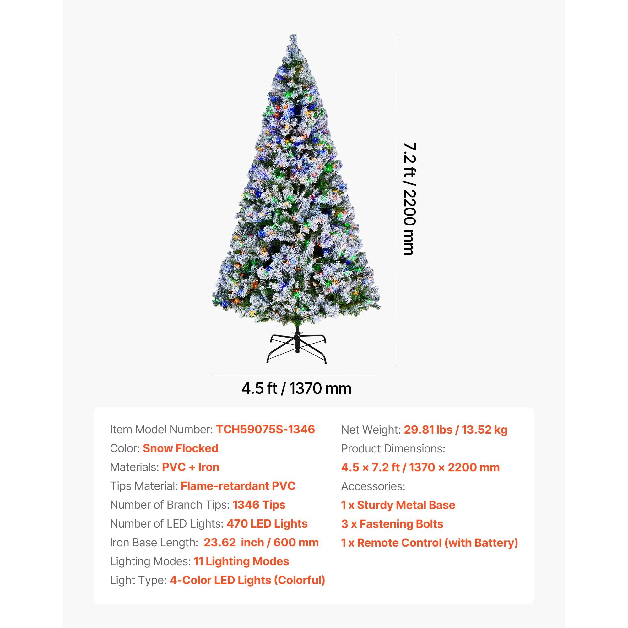 Christmas Tree, 7.2ft Prelit Flocked Artificial Tree, Full Holiday Xmas Deco Trees with 470 Colorful LED Lights, 11 Lighting Modes & 1346 Branch Tips for Home Party Office Decoration