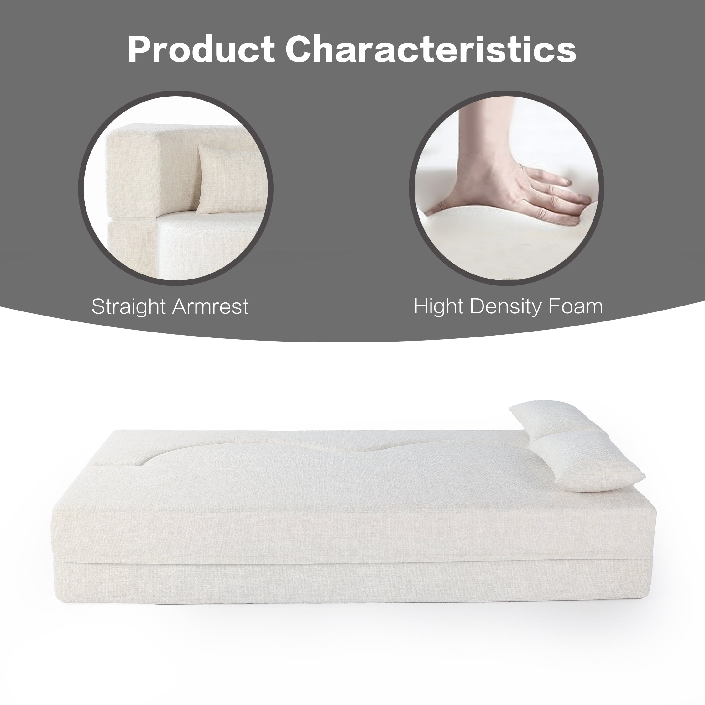 Shikeyi 2-in-1 Foldable Sofa Bed Memory Foam Convertible Sleeper Boneless Couch, 75" Wide 2-Seat Faux Fur SofaBed with 2 Pillows for Living Room Apartment Small Space, Beige + Cream