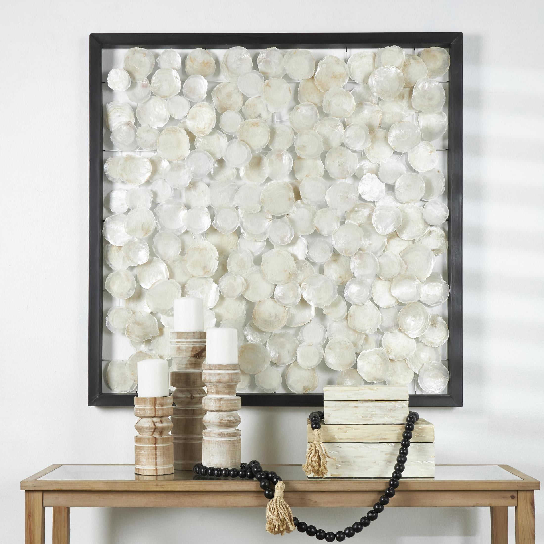 DecMode White Capiz Shell Handmade Dimensional Overlapping Geometric Wall Decor with Black Metal Frame