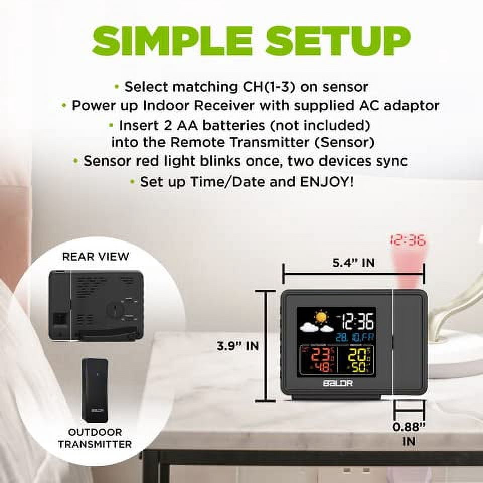 Baldr Atomic Digital Projection Alarm Clock with Ceiling Display, Calendar, and Indoor OutdoorTemperature with Remote Sensor