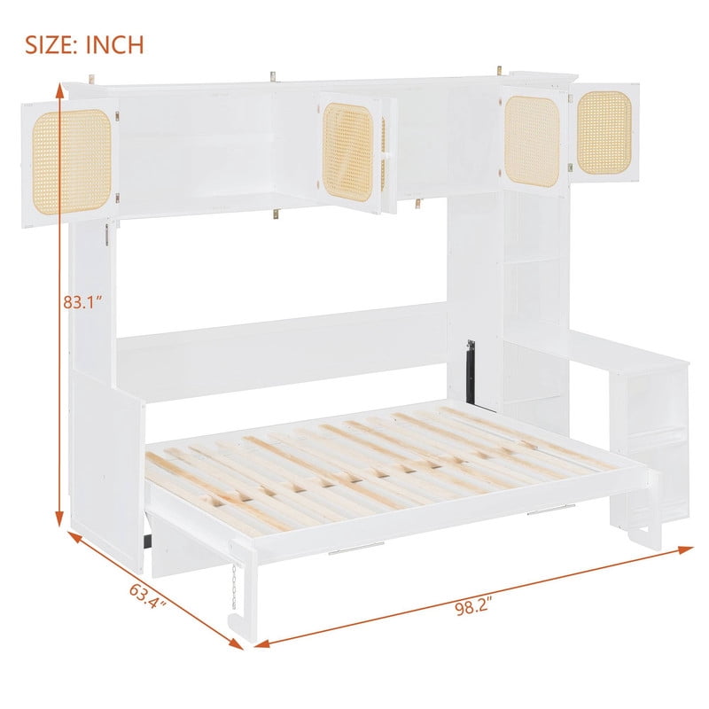 Full Size Murphy Bed with Desk and Open Shelf, Space-Saving Wall Folding Platform Bed Frame with Rattan-Door Cabinets