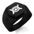 thumbnail image 1 of Stainless Steel Aztec Universe Rune Engraved Hexagon Crest Flat Top Biker Style Polished Ring, 1 of 1