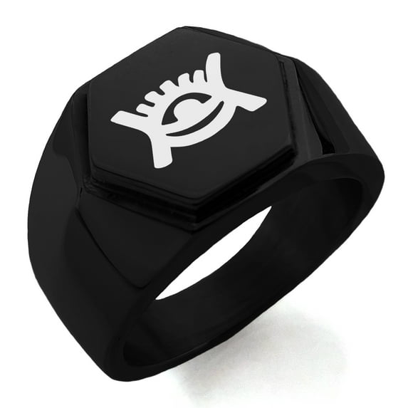 Stainless Steel Aztec Universe Rune Engraved Hexagon Crest Flat Top Biker Style Polished Ring