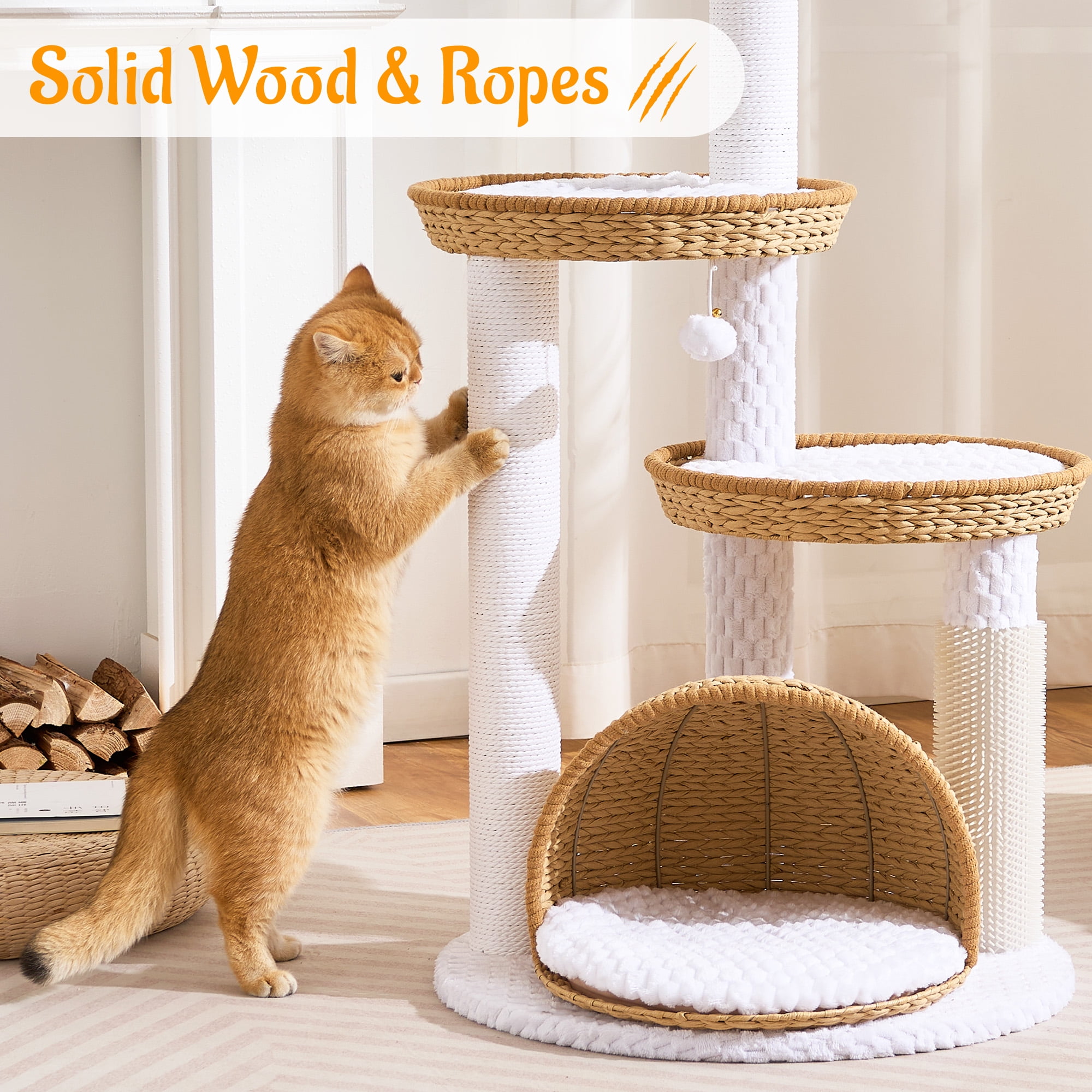 HITTITE Modern Cat Tree Tower with Scratching Post, 46 Inches Tall Cat Towers with Woven Cat Nests and Cave, Removable Cushions and Massage Brush for Indoor Cats Large Adult.
