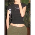 thumbnail image 5 of FEORJGP Women Summer Slim Crop Tops Ladies Short Sleeve T-shirt Crew Neck Shirt Hot Fix Drill Bowknot Blouses Streetwear, 5 of 7