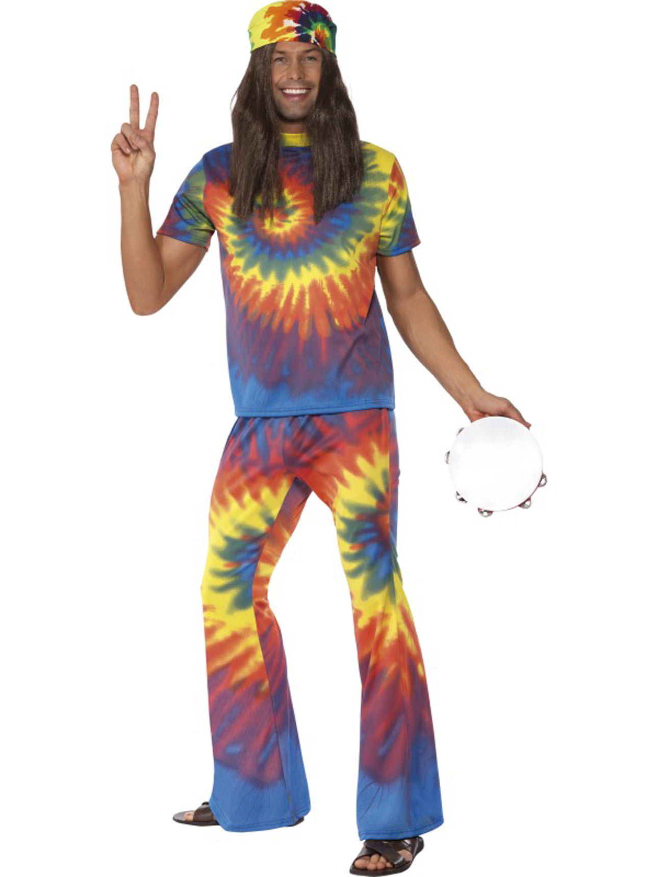 Groovy Hippie Mens Fancy Dress 1970s 70s 1960s Peace Hippy Adults Costume Outfit 
