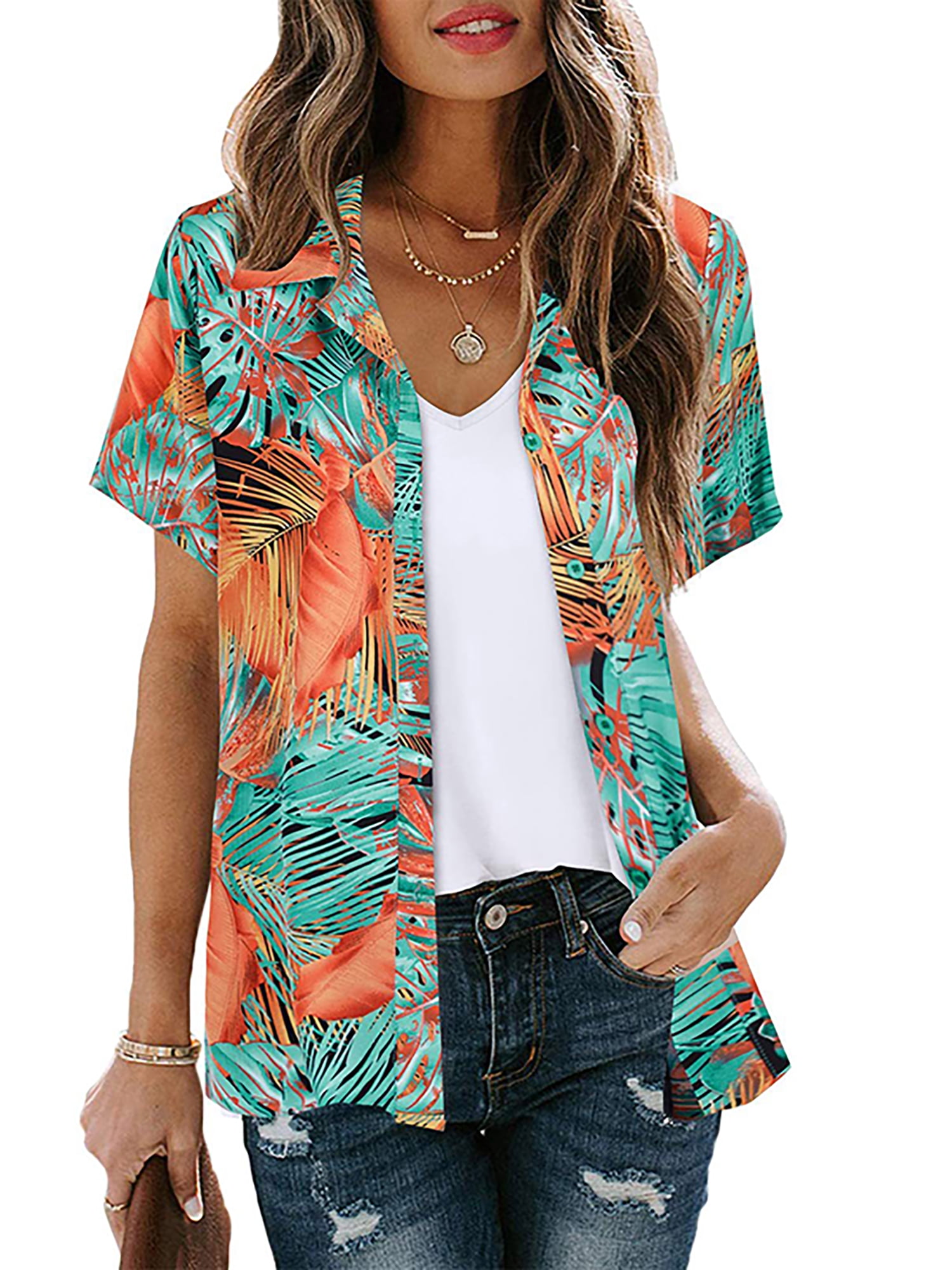 Frontwalk Women Summer Button Down Loose Hawaiian Style Shirts Floral ...