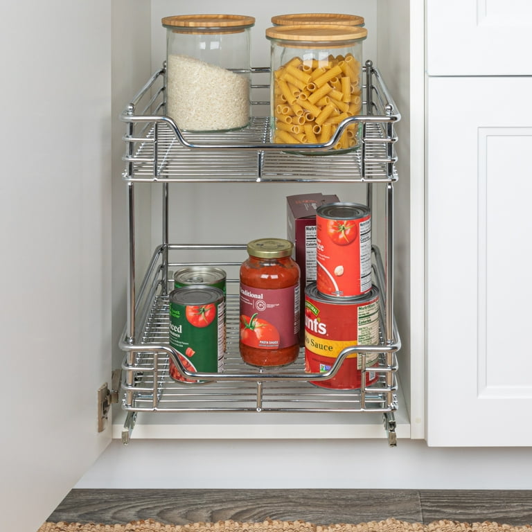 Household Essentials 2-Tier Pull-Out Cabinet Organizer - Solid Wood Basket With Full Extension Glides, Natural & Chrome