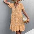 thumbnail image 3 of V Neck Dress Ruffle Hem Dress Floral Print V Neck Dress Flutter Short Sleeve Front Button Ruffle Hem Dress For Women Yellow M ANGGREK AH2884, 3 of 6