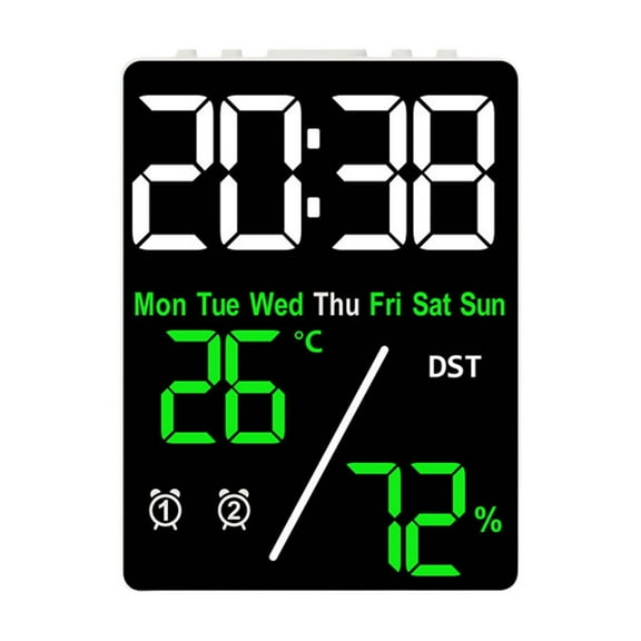 Multifunctional LED Digital Clock with 5-in-1 Display (Date/Week/Temperature/Humidity/Daylight Saving), Adjustable Brightness & Dual Alarms for Bedroom Office Living Room Wall Desktop