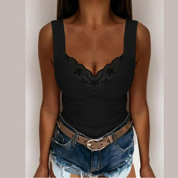 Black Womens Tops Women's Summer V Neck Solid Color Sexy Lace Camisole Vest Shirts for Women