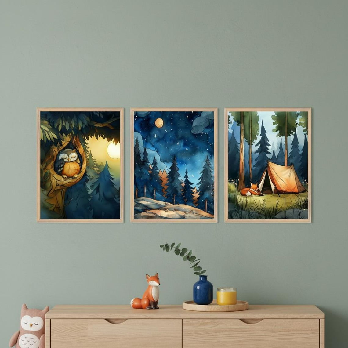Set Of 3 Forest Nursery Wall Art Prints Woodland Night Owl Fox Illustration Camping Theme Nursery And Gallery Wall Decor