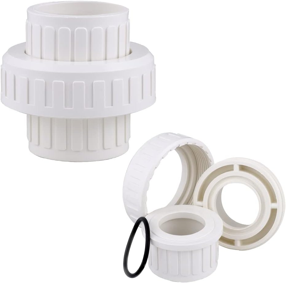 2" PVC Union Coupling Pipe Fitting (Socket x Socket) PVC Adapter Schedule 40, EPDM O-Ring, White 2 Pack