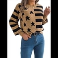 thumbnail image 3 of Suéter de Rayas con Hombros Caídos para Mujer, Suéter de Punto de Cuello Redondo Extragrande, Top Tipo Jersey. Caqui L, 3 of 10