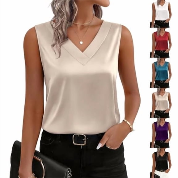 Women's Plus Size Silk Satin V Neck Sleeveless Casual Camisole Summer Tunics, Beige XL
