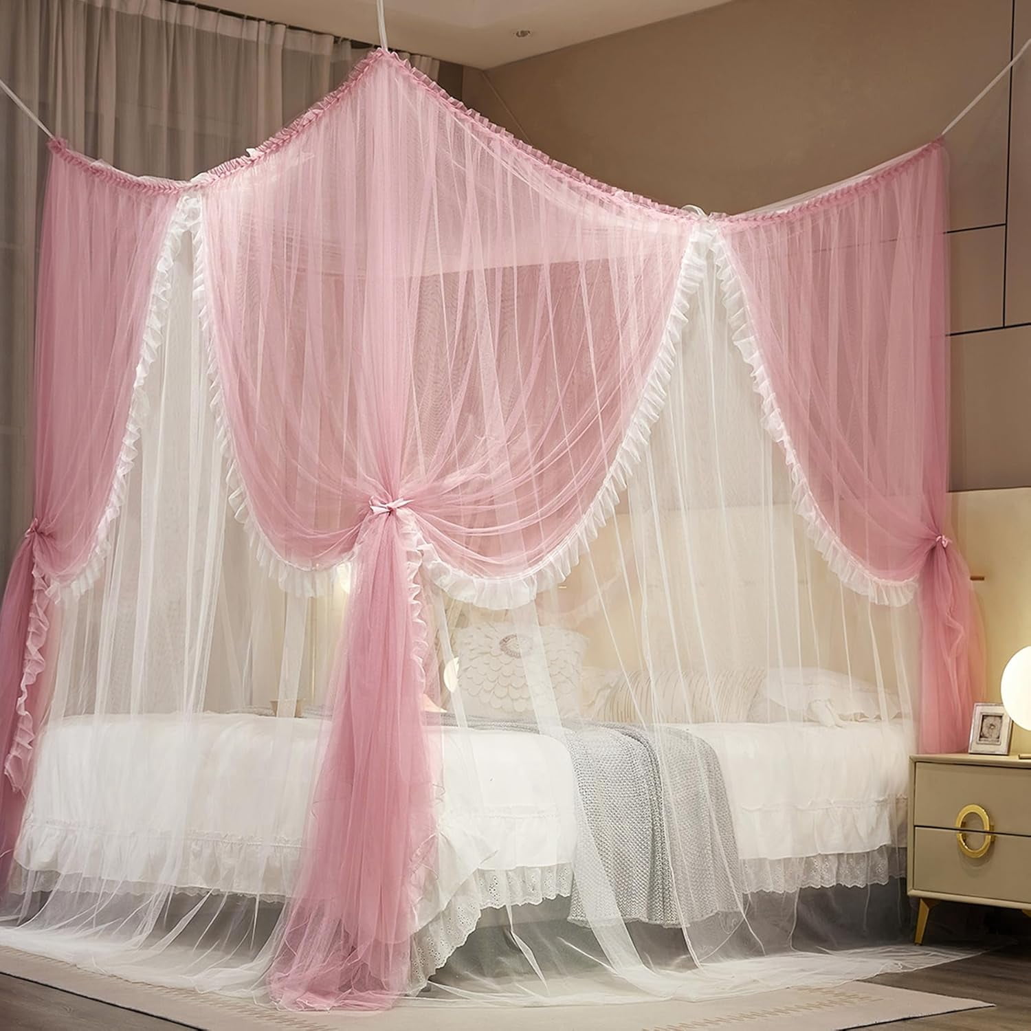 4 Corners Post Princess Curtain Bed Canopy Lace Up Double Layer 4 Opening Mosquito Net Mesh for Girls Bedroom Decoration(Pink/White, 59" W*82" L*82" H/Queen)