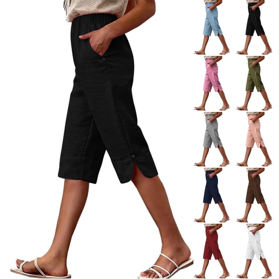 Women's Casual Summer Knee Length Pants Breathable Elastic Waist Loose Fit with Pockets by Yigetop Black L