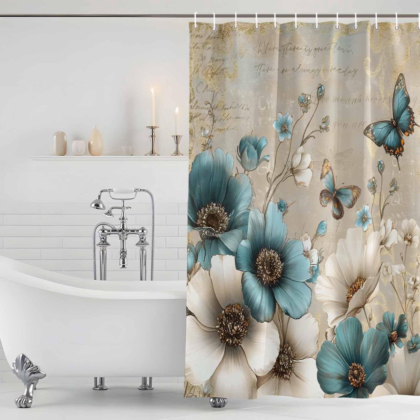 Teal Tulip Butterfly Shower Curtain, Waterproof Shower Curtains for Bathroom, Beige Turquoise Floral Vintage Rustic Washable Fabric Bathtub Curtain Set Bath Decor with 12 Hooks 48"x72"