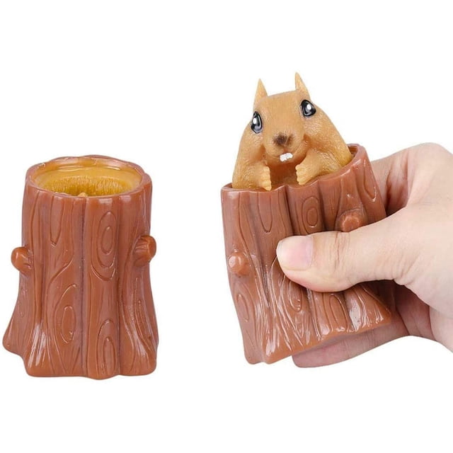 Squeeze Squirrel Cup Juguetes para niños, tocones de árboles de descompresión malvados, juguetes de goma para inquietos, lindos portalápices telescópicos en miniatura, regalos de juego extraños para