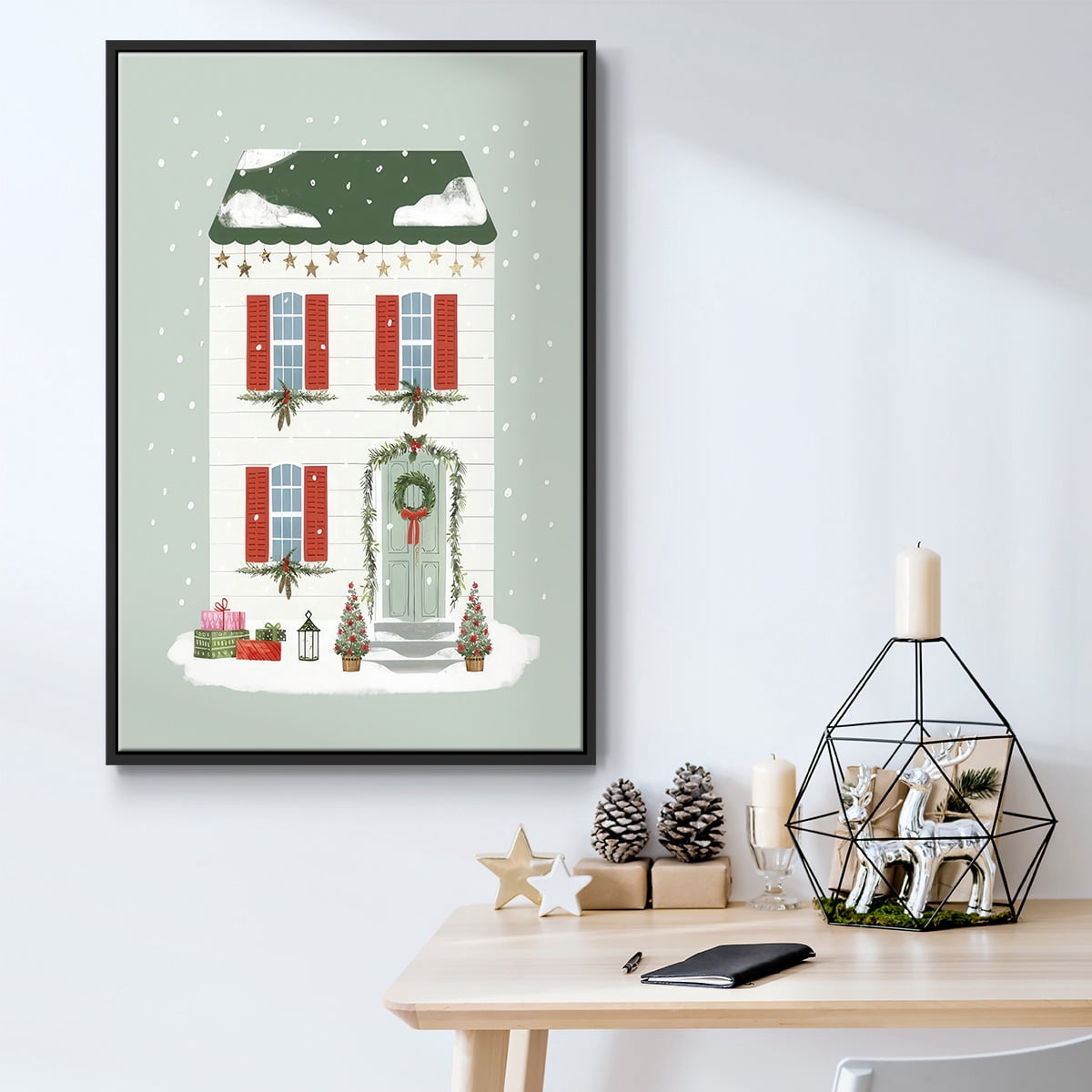 Festive Front Door IV - Framed Gallery Wrapped Holiday Canvas - 17 x 25 - Black Frame