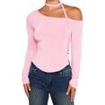 thumbnail image 3 of WIFORNT Women’s Off One Shoulder Tops, Long Sleeve Solid Color Slim Fit T-Shirts with Choker, 3 of 8