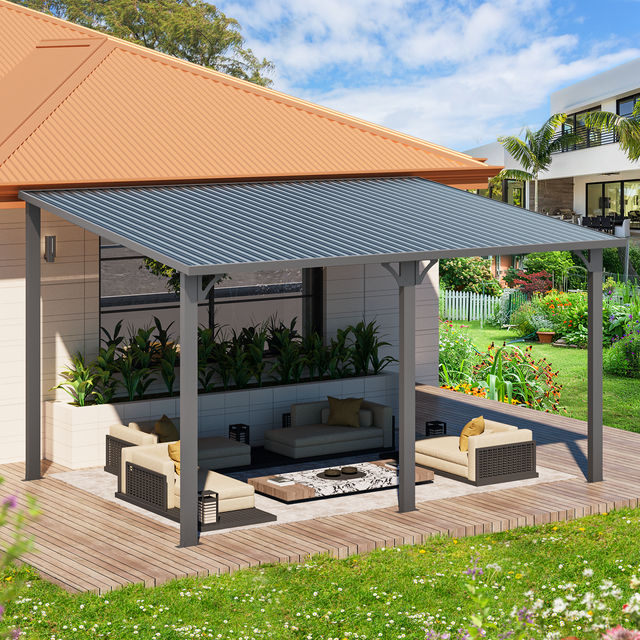 YODOLLA Pavillon à Toit Rigide 10 Pieds x 14 Pieds, Pavillon Extérieur Robuste avec Toit en Pente en Acier Galvanisé, Pavillon en Métal Tout Temps avec Rayures Verticales pour Patio, Cour Arrière et Pelouses