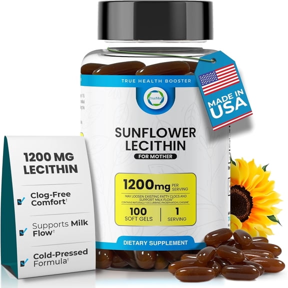 TrueMed Milk Sunflower Lecithin 1200mg Softgels for Breastfeeding Moms, Lactation Supplement for Milk Flow Support, Soy-Free Non-GMO, Helps Support Healthy Milk Ducts, 100 Softgels