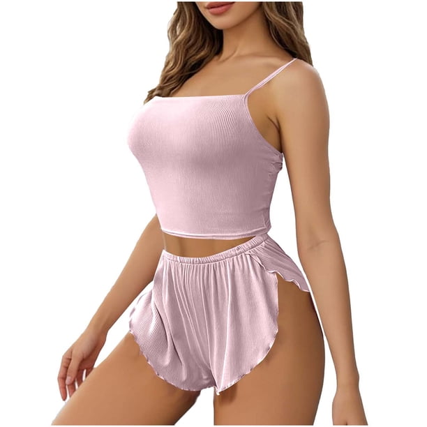 Conjuntos Cortos para las Mujeres Lencería sin Mangas Ropa de Noche Conjunto de Ropa de Dormir Confort Suave, Conjuntos de Ropa Interior para las Mujeres