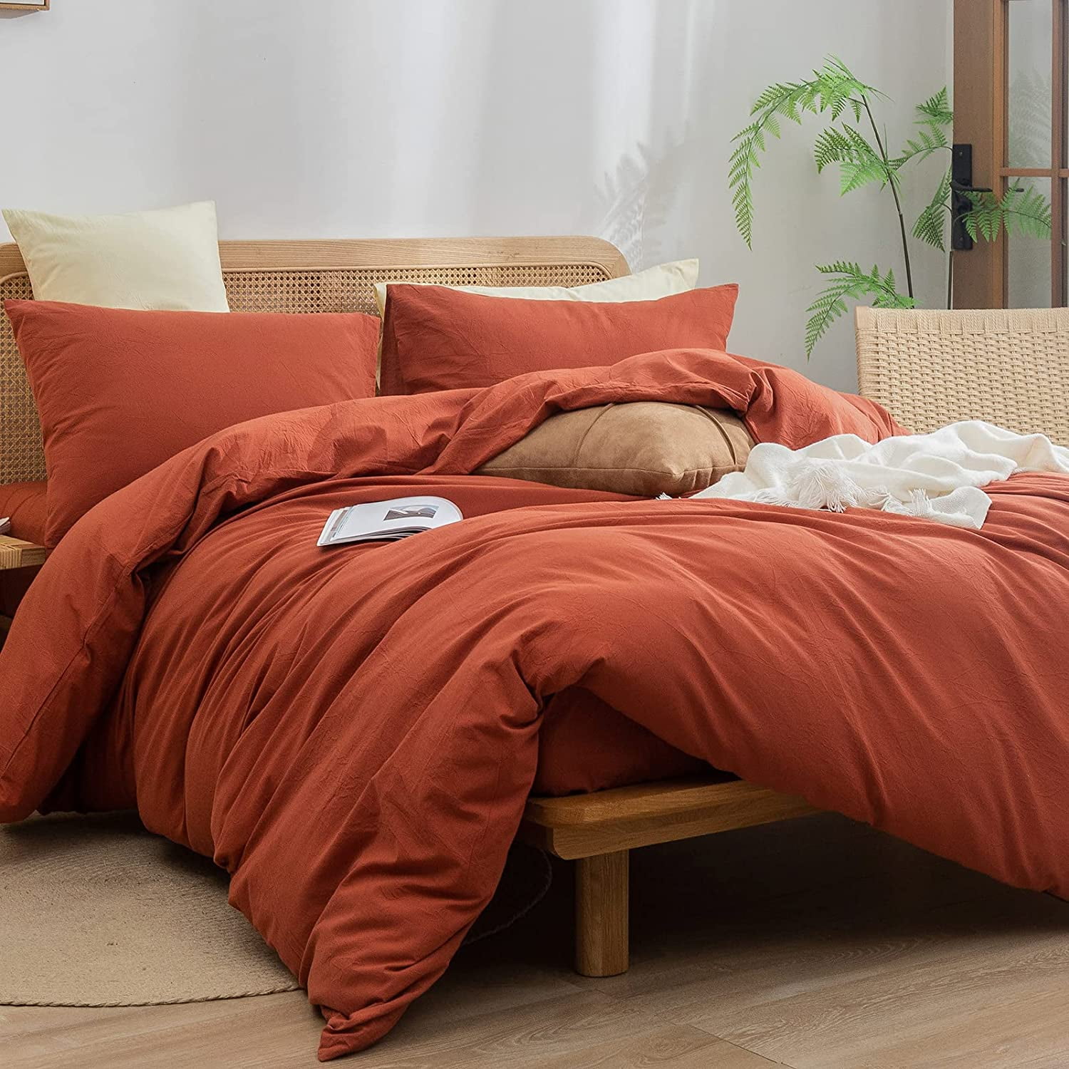 BESTOUCH Duvet Cover Set Full 100% Washed Cotton Linen Feel Soft Chic Lightweight 3Pcs (Burnt Brick Red, 80"x90")