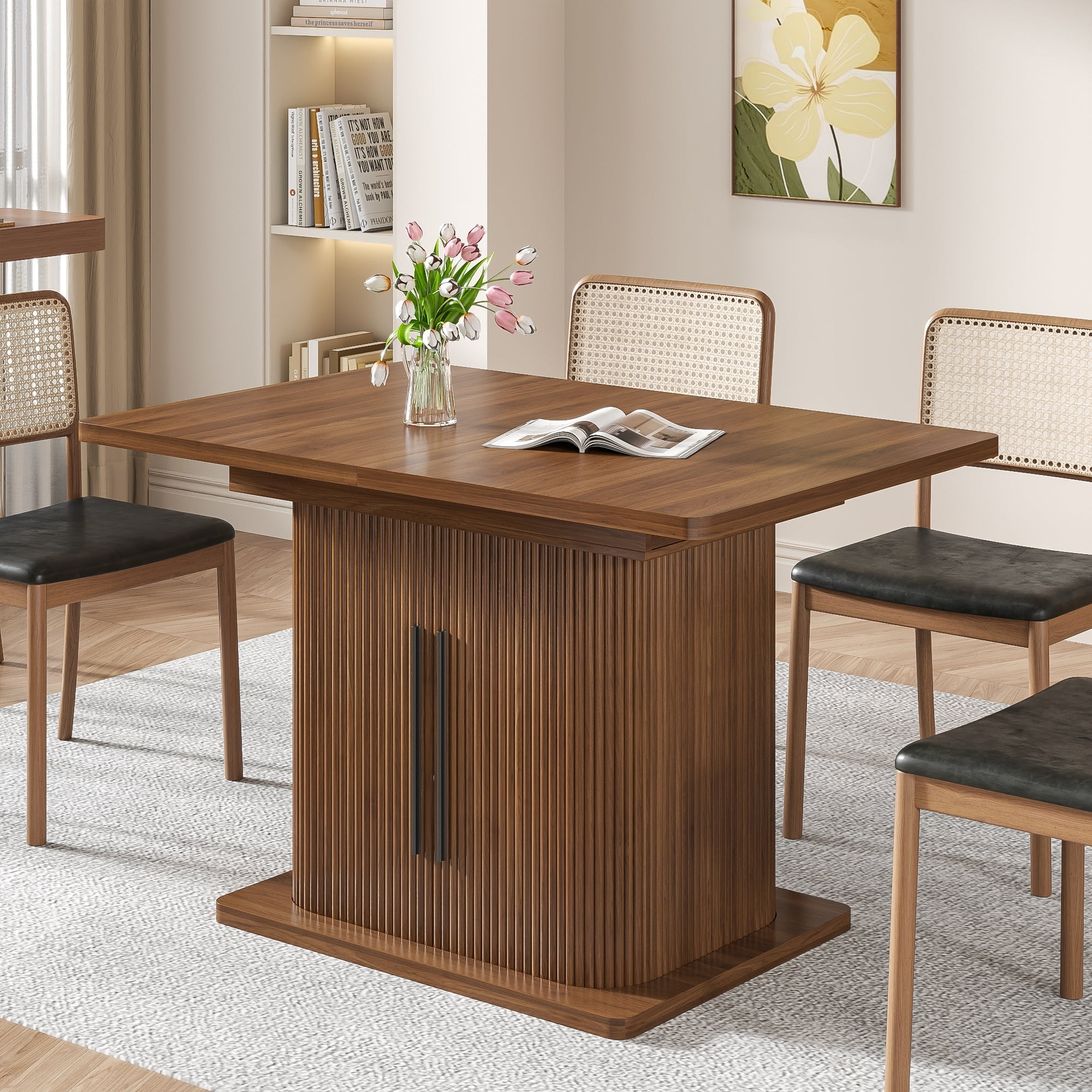 Extendable Dining Table, Rectangle Kitchen Table with Storage Shelf, Modern Dining Room Table, Living Room, Office, Walnut