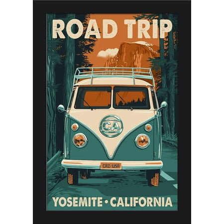 Yosemite, California - Road Trip - Camper Van Letterpress - Lantern Press Artwork (12x18 Giclee Art Print, Gallery Framed, Black