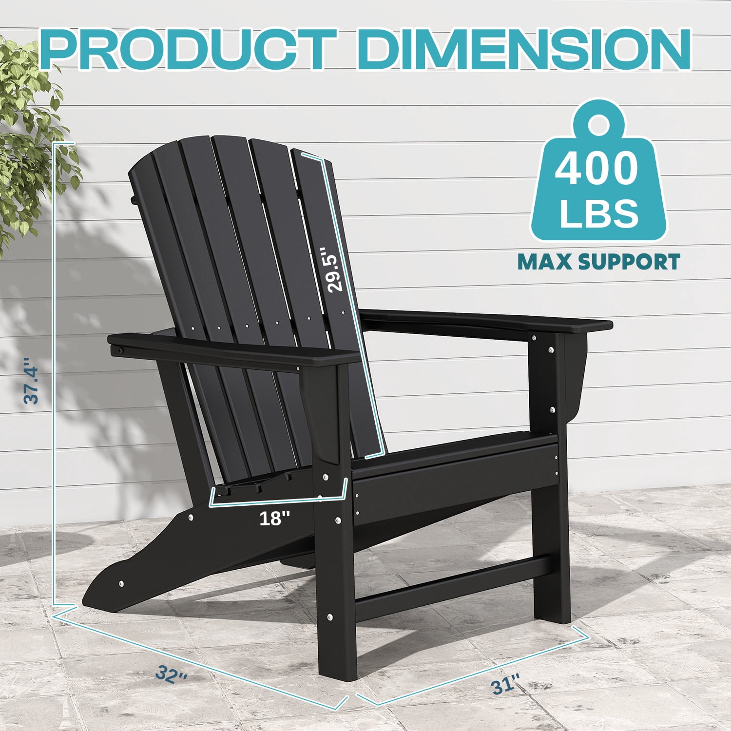 PIPOPA Outdoor Adirondack Chair, HDPE All Weather Patio Chair for Deck Backyard Garden, Black