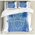 thumbnail image 1 of Hamsa Duvet Cover Set Queen Size, Abstract Ornamental Ancient Figure Hand Drawn Delicate Details Mysticism Ethnic Art, Decorative 3 Piece Bedding Set with 2 Pillow Shams, Blue White, by Ambesonne, 1 of 3