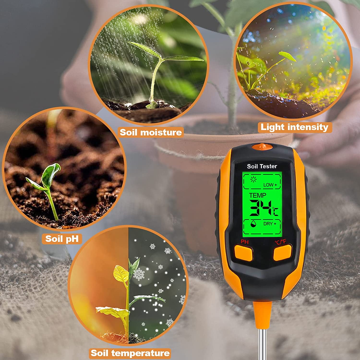 AAOMASSR Soil Moisture Meter, Soil Test Kit 4-in-1 PH Meter/Soil  Thermometer/Plant Light/Soil Humidity Tester Digital Display, Plant  Moisture Meter