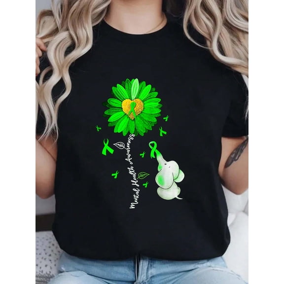 100% Cotton Sunflower Green Ribbon Elephant T-Shirt Print Round Neck Short Sleeve T-Shirt For Women Casual, Summer, Women Top Graphic Tees Women Tops
