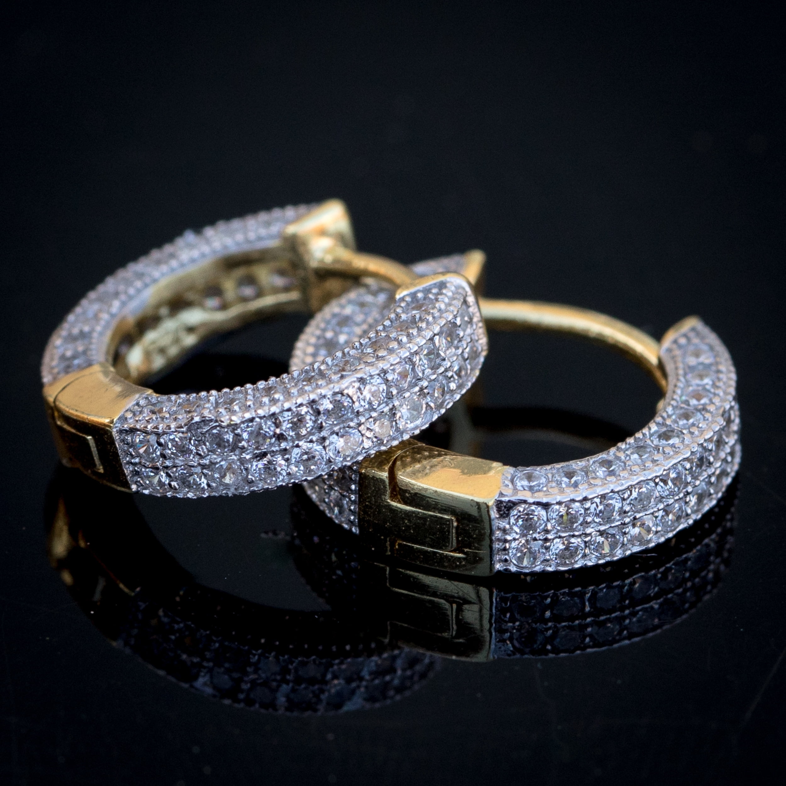 Fully Iced Two Tone Yellow Gold Plated 925 Sterling Silver Post Men's Women's Classic Small Huggie Hoop Earrings