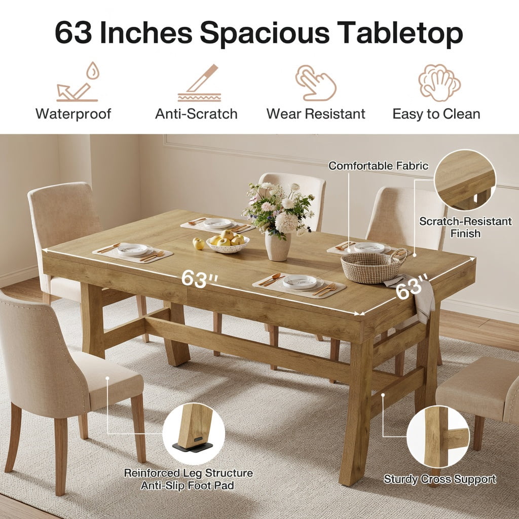 Hommoo 63 Inch Farmhouse Dining Table for 4-6 People, Rustic Wood Grain Rectangular Kitchen Table with Modern Leg Design, MDF Construction, Natural