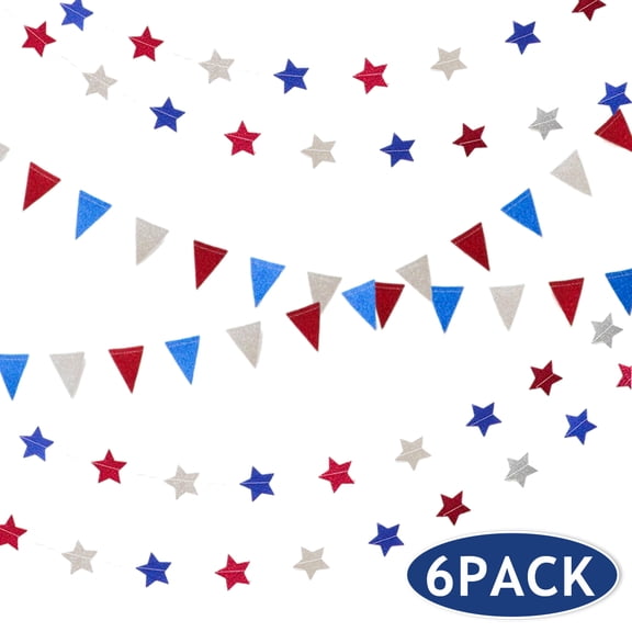 4th of July Patriotic Garland Decorations Kit,26 ft Glitter Star Banner & 20 ft Triangle Flag Banner,Independence Day Party Decor,Red White Blue Hanging Supplies
