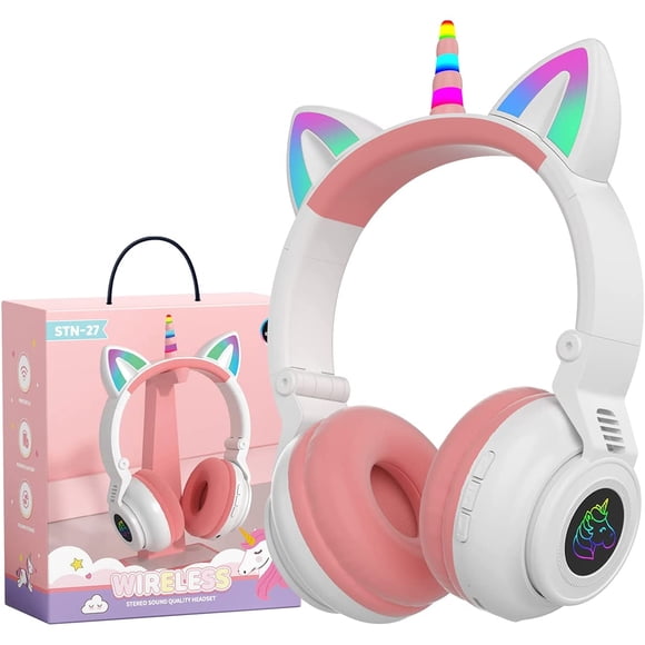 Auriculares infantiles YUSONIC bluetooth unicornio plegables blanco+rosa